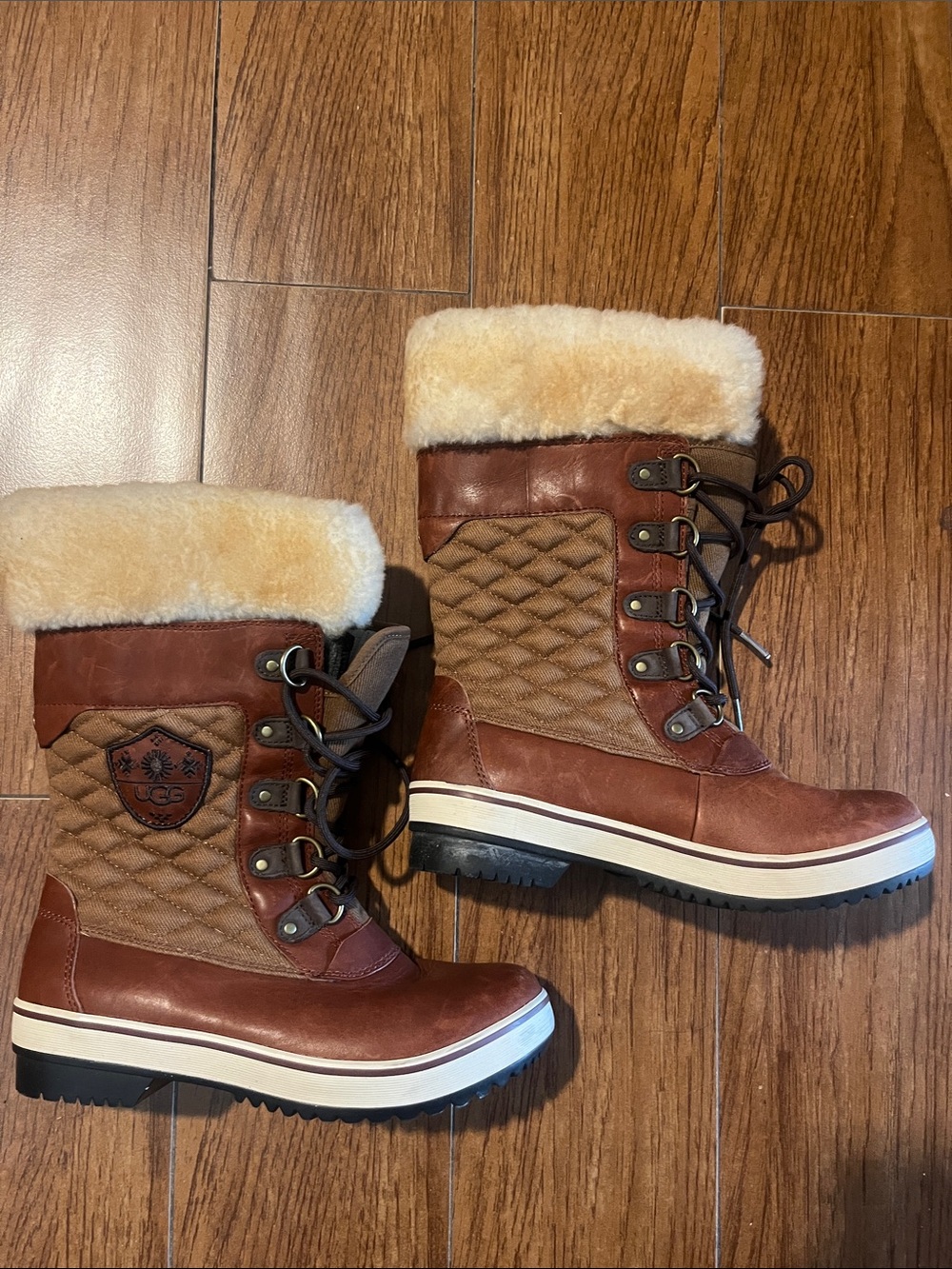 UGG Chestnut Quilted Lace-Up Shearling-Trim Winter Boots